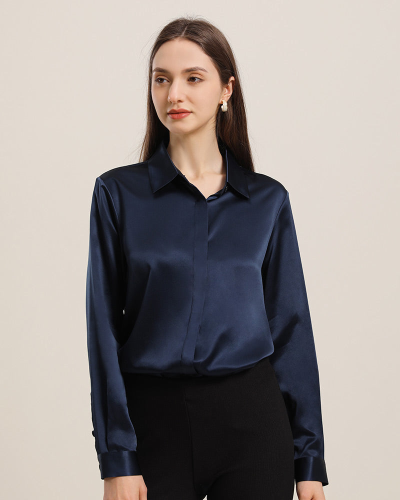 Chemise en Soie 22 Momme avec Boutons Cachés pour Femme Navy