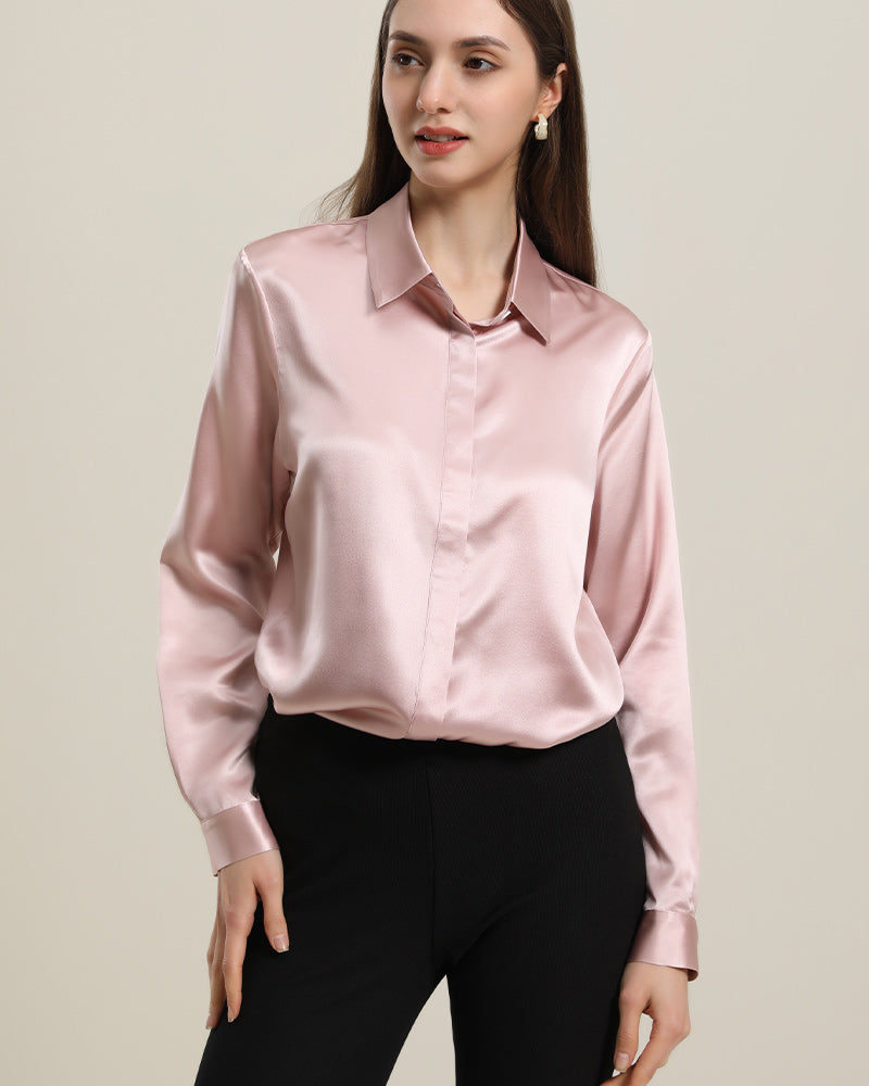 Chemise en Soie 22 Momme avec Boutons Cachés pour Femme Rose Pink