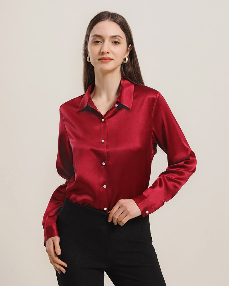 Chemise en Soie à Boutons en Perle pour Femme Burgundy