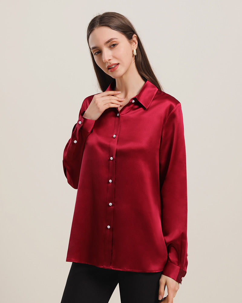 Chemise en Soie à Boutons en Perle pour Femme Burgundy