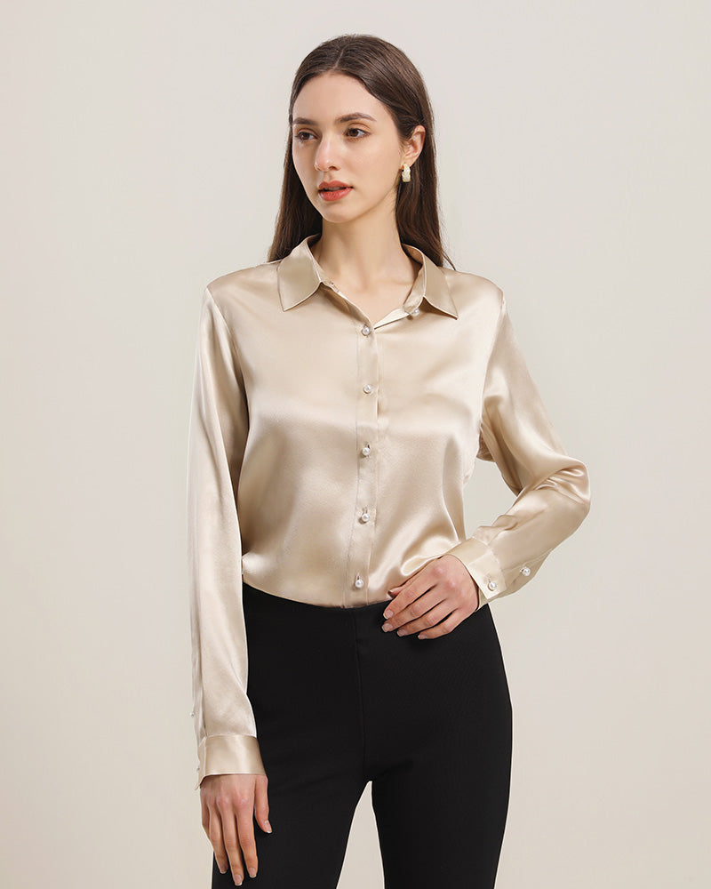 Chemise en Soie à Boutons en Perle pour Femme Champagne