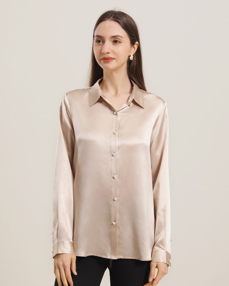 Chemise en Soie à Boutons en Perle pour Femme Champagne