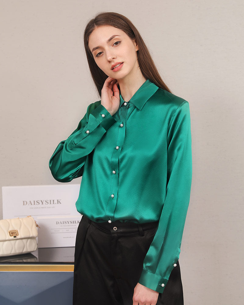 Chemise en Soie à Boutons en Perle pour Femme Dark Green