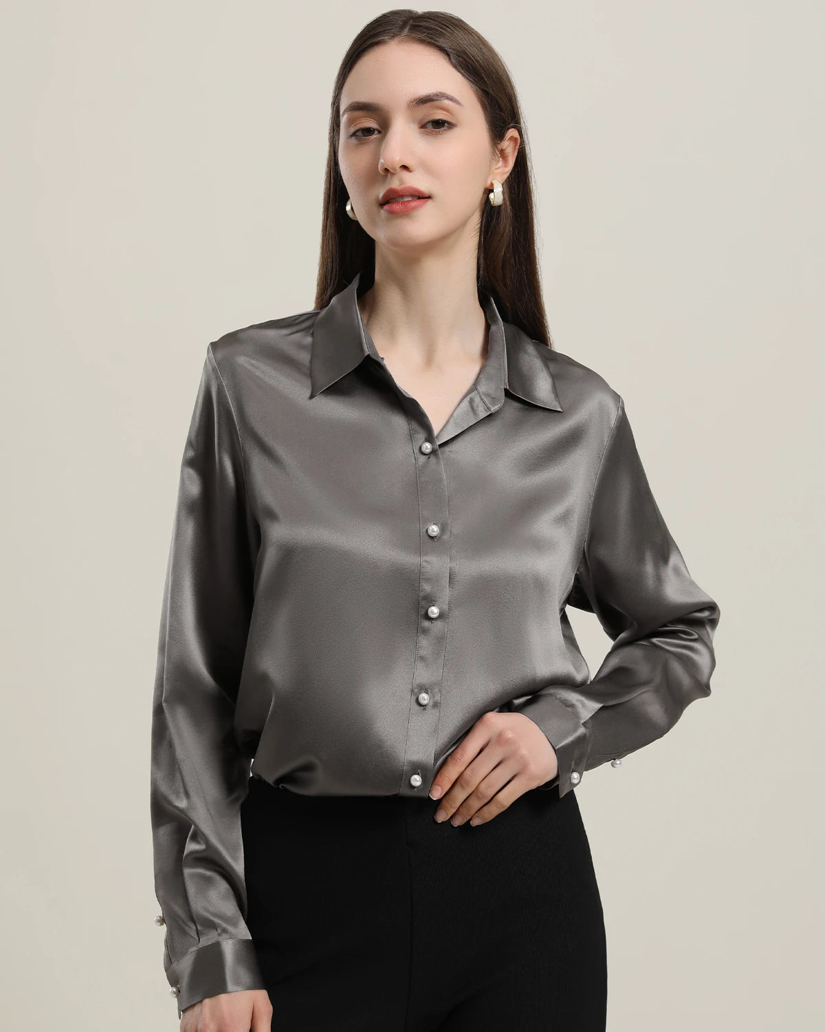 Chemise en Soie à Boutons en Perle pour Femme Dark Grey