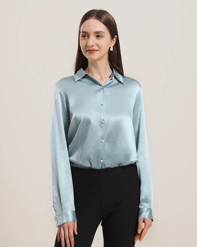 Chemise en Soie à Boutons en Perle pour Femme Haze Blue