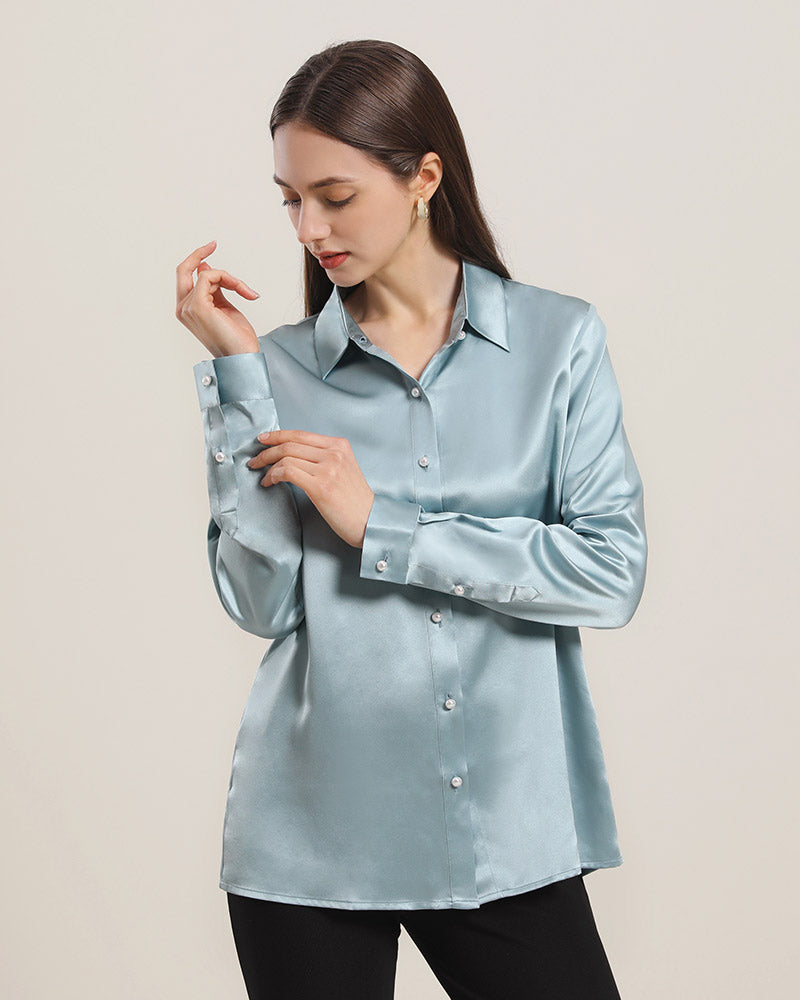 Chemise en Soie à Boutons en Perle pour Femme Haze Blue