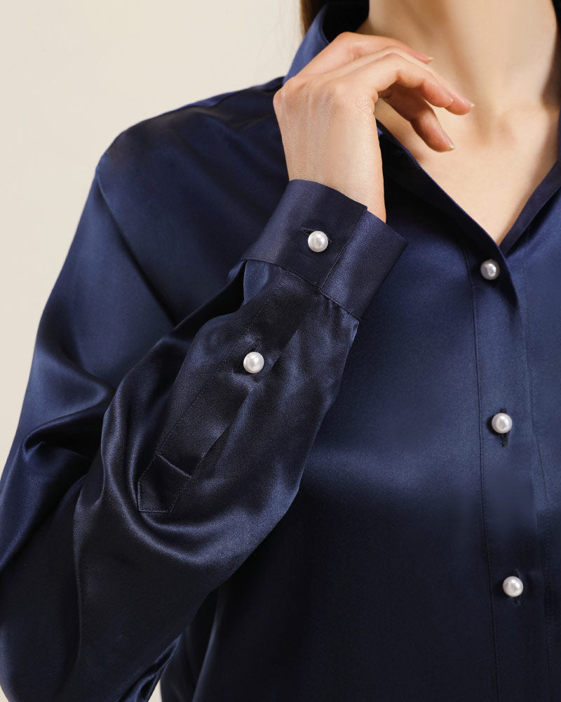 Chemise en Soie à Boutons en Perle pour Femme Navy