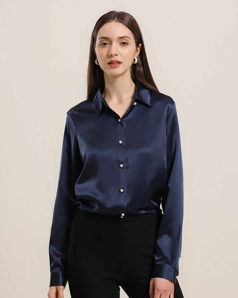 Chemise en Soie à Boutons en Perle pour Femme Navy
