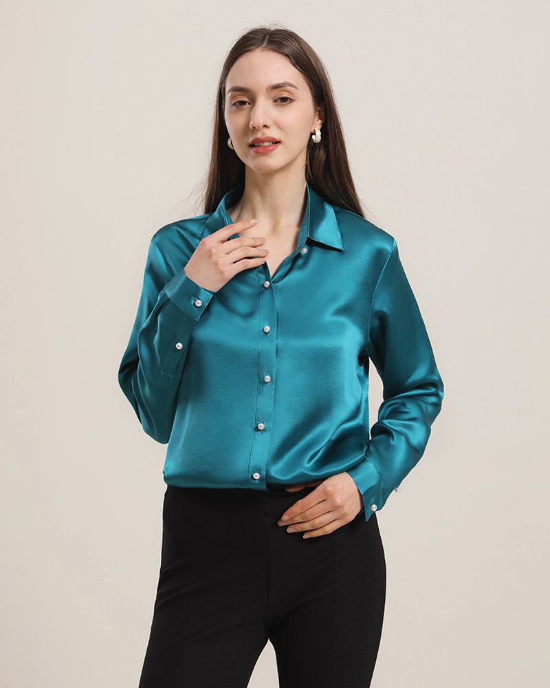 Chemise en Soie à Boutons en Perle pour Femme Peacock Blue