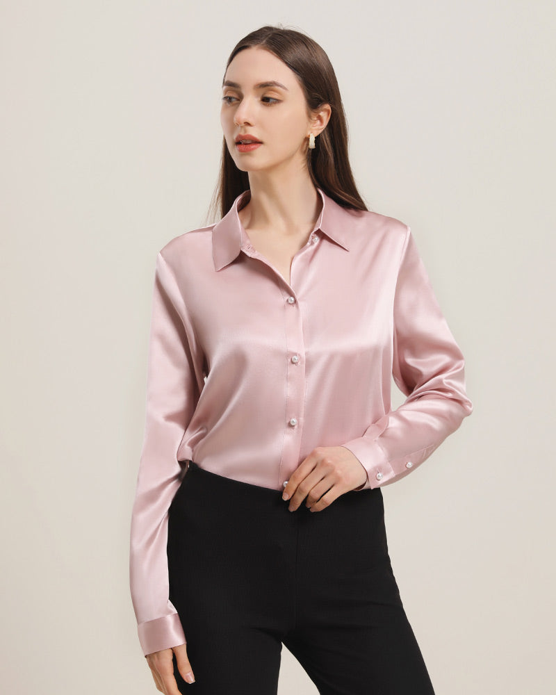 Chemise en Soie à Boutons en Perle pour Femme Rose Pink