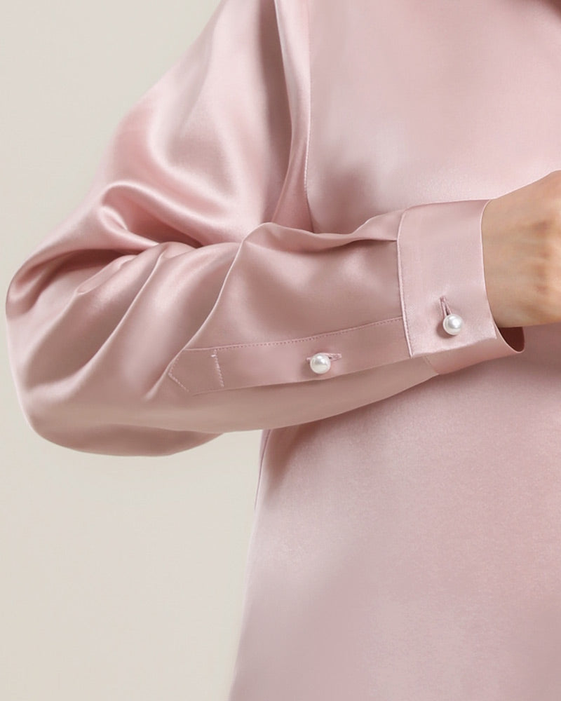 Chemise en Soie à Boutons en Perle pour Femme Rose Pink