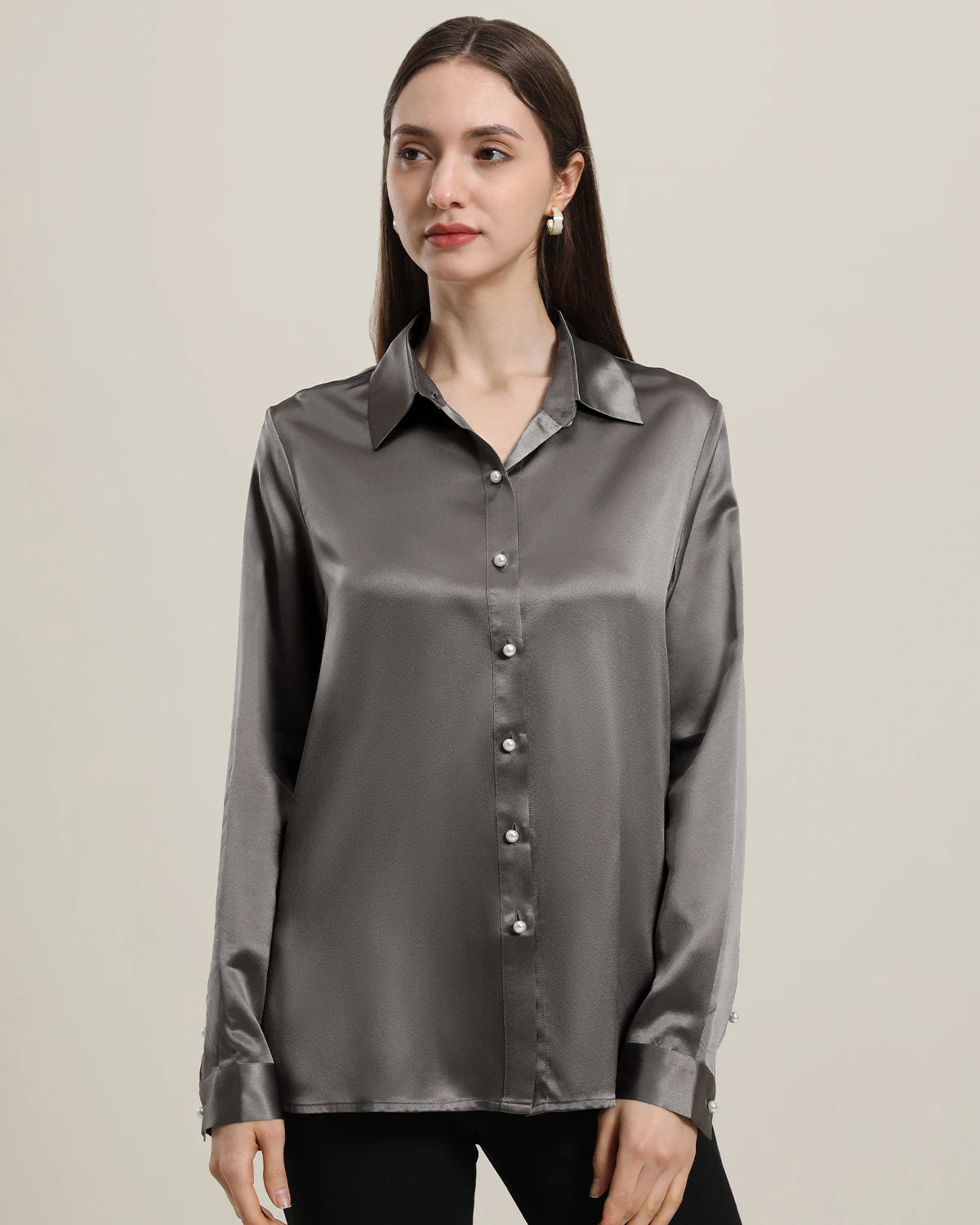 Chemise en Soie à Boutons en Perle pour Femme Dark Grey
