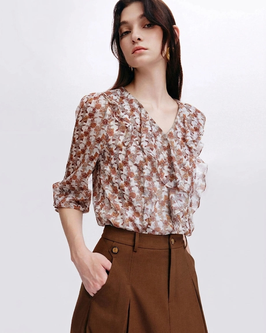 Blouse en soie à fleurs de marguerite avec volants