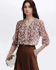 Blouse en soie à fleurs de marguerite avec volants