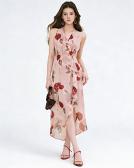 Robe midi en soie sans manches à imprimé rose