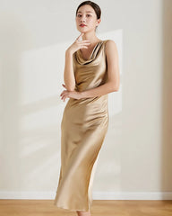 Robe en soie vintage, coupe midi et sans manches