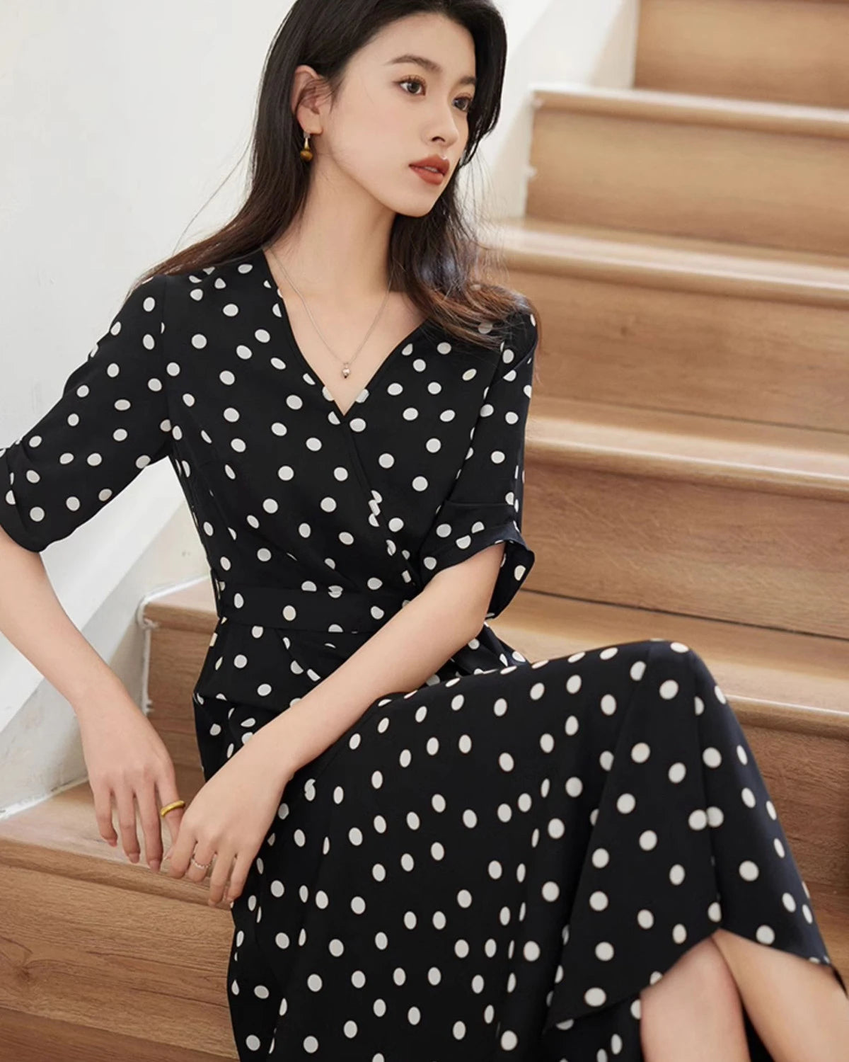 Robe en soie évasée à pois