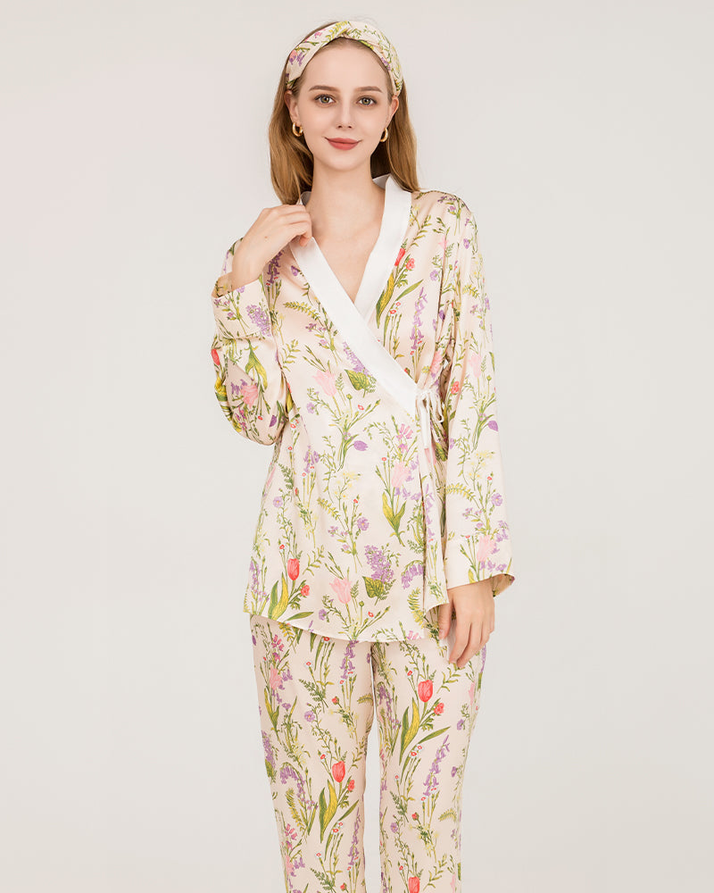 Ensemble de Pyjama en Soie Pure Luxueuse à Imprimé Floral