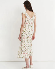 Robe en soie à fleurs et épaules à volants