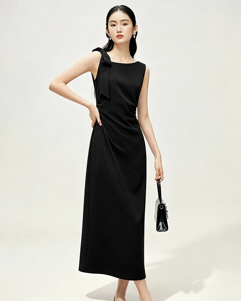 Robe midi nuisette en triacétate japonais avec détail nœud aux épaules