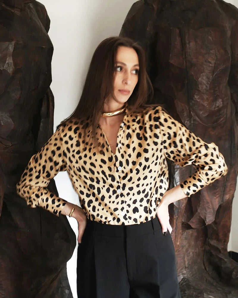 Chemise en Soie Imprimé Léopard pour Femmes