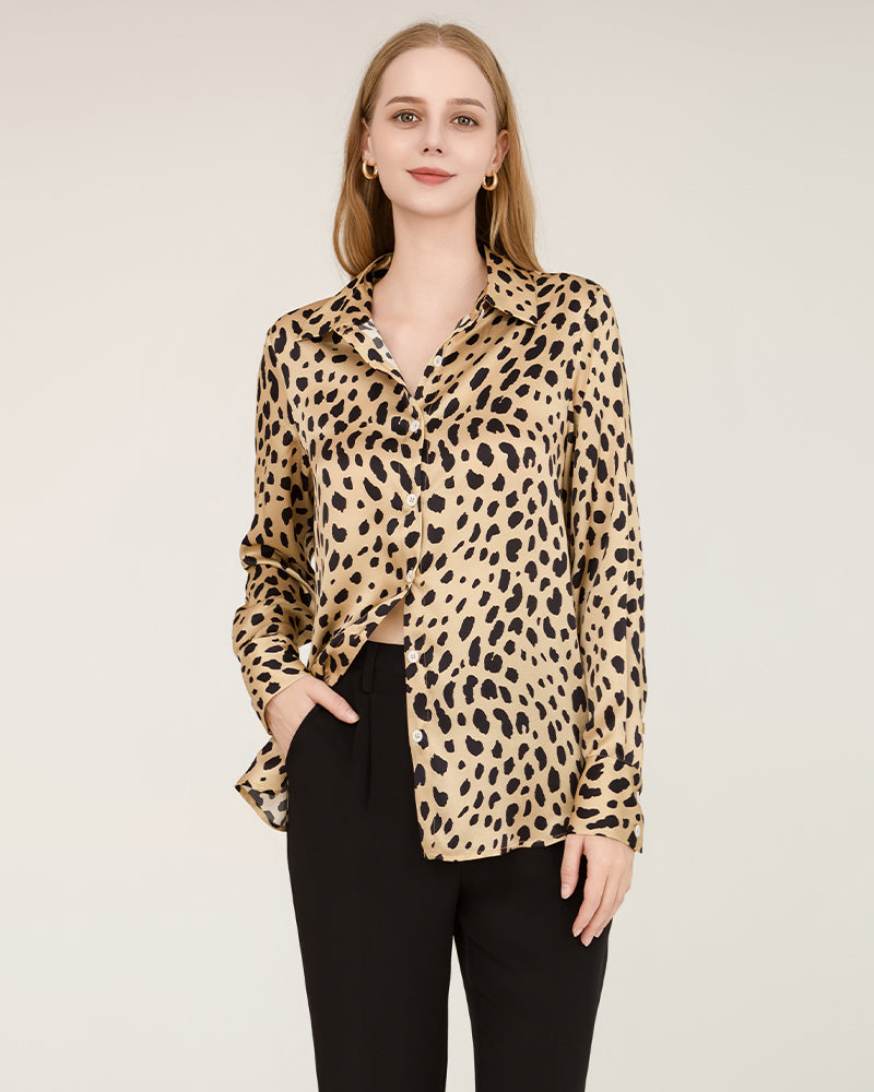 Chemise en Soie Imprimé Léopard pour Femmes