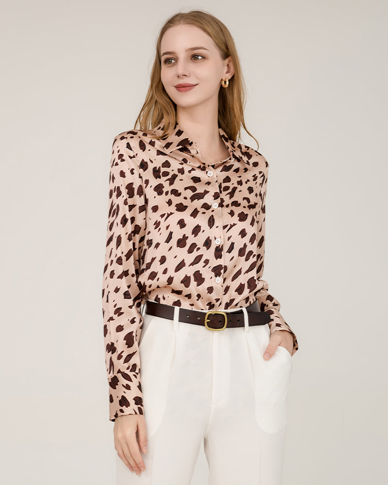 Chemise en Soie Imprimé Léopard pour Femmes
