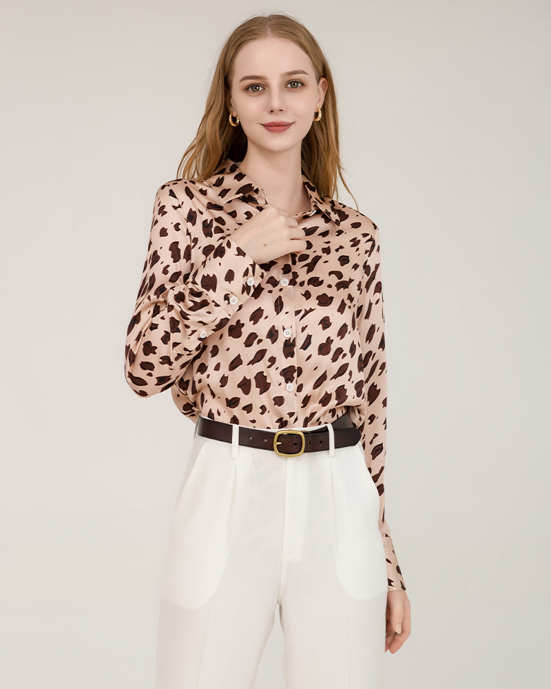 Chemise en Soie Imprimé Léopard pour Femmes