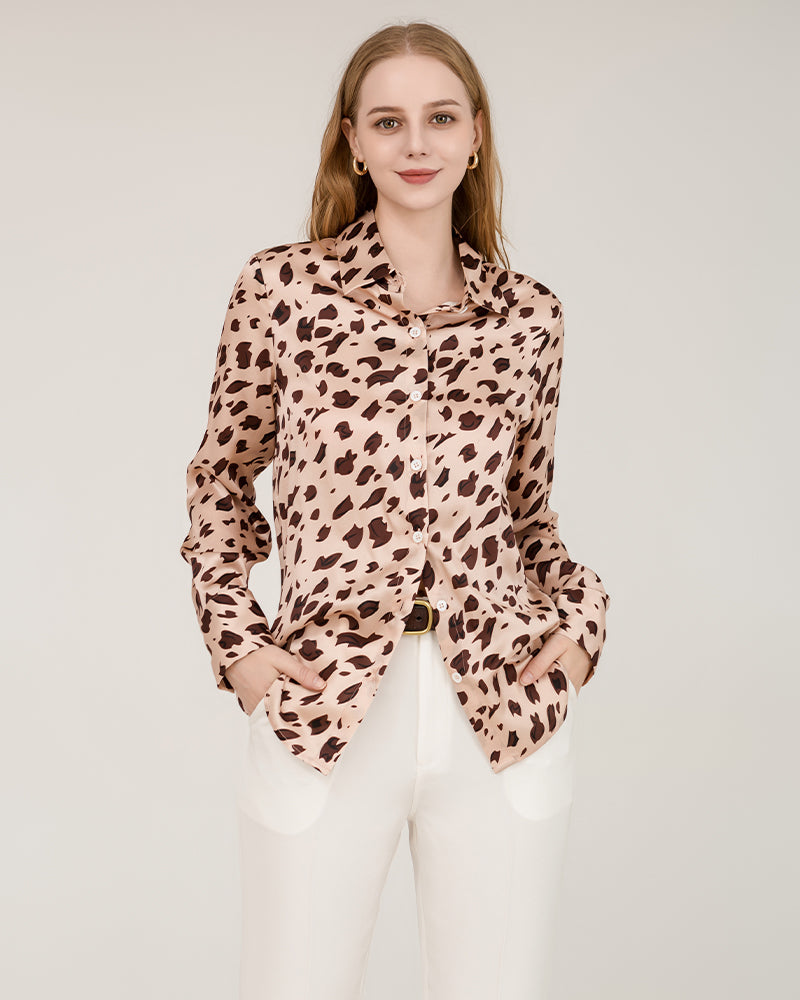 Chemise en Soie Imprimé Léopard pour Femmes