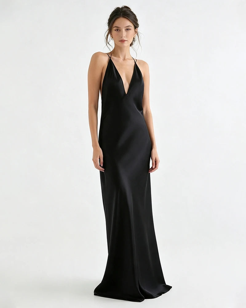 Robe longue nuisette en triacétate fluide à col V profond