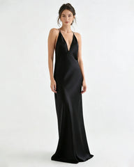 Robe longue nuisette en triacétate fluide à col V profond