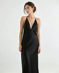 Robe longue nuisette en triacétate fluide à col V profond