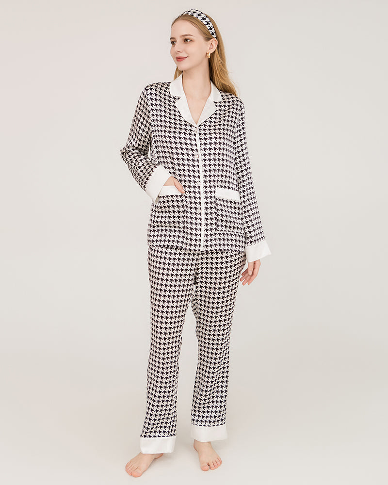 Pyjama en Soie à Motif Pied-de-Poule avec Boutons Swarovski