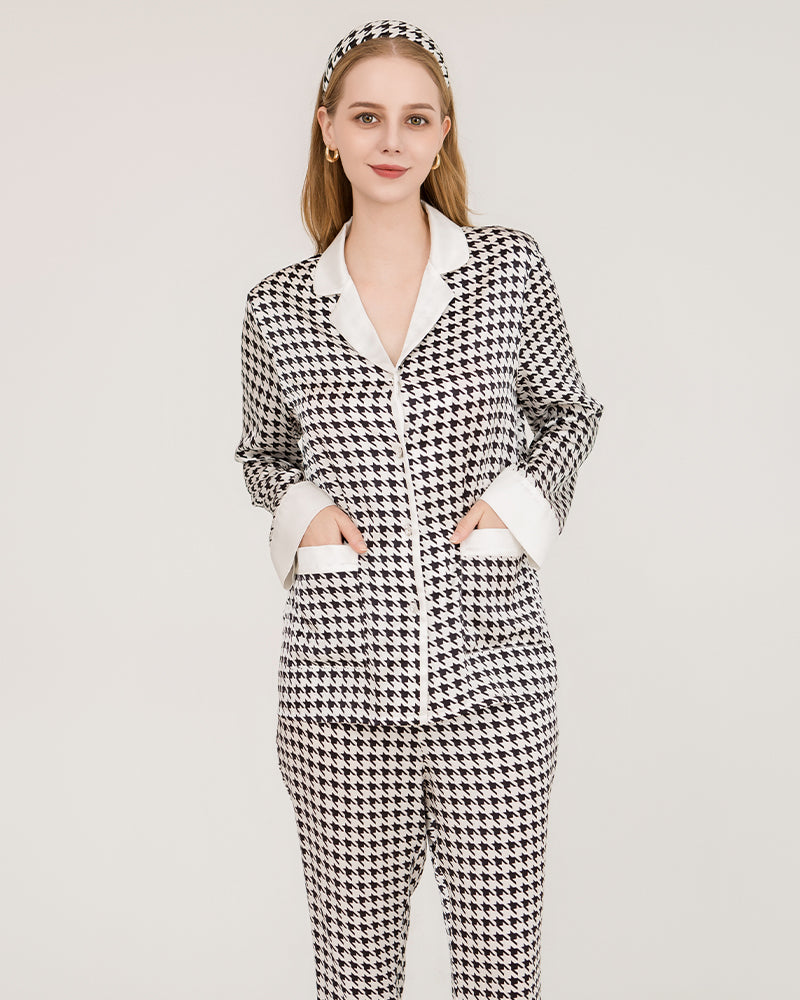 Pyjama en Soie à Motif Pied-de-Poule avec Boutons Swarovski