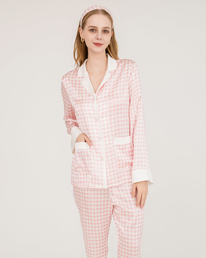 Pyjama en Soie à Motif Pied-de-Poule avec Boutons Swarovski