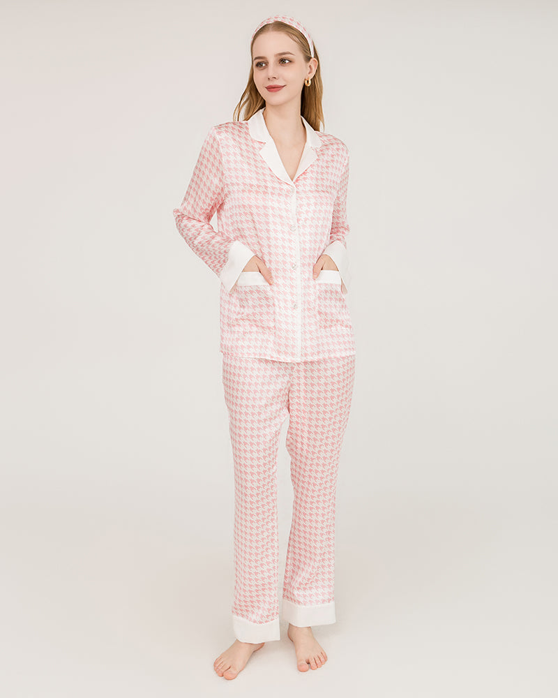 Pyjama en Soie à Motif Pied-de-Poule avec Boutons Swarovski