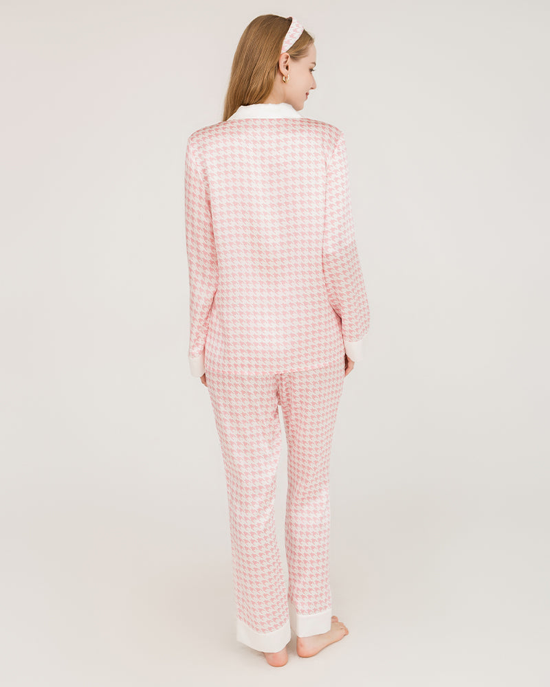 Pyjama en Soie à Motif Pied-de-Poule avec Boutons Swarovski