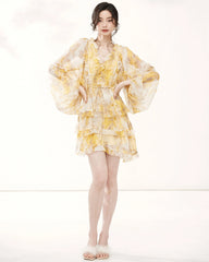 Robe Mini en Soie Jaune à Manches Longues avec Volants