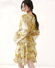 Robe Mini en Soie Jaune à Manches Longues avec Volants