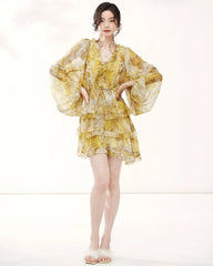 Robe Mini en Soie Jaune à Manches Longues avec Volants