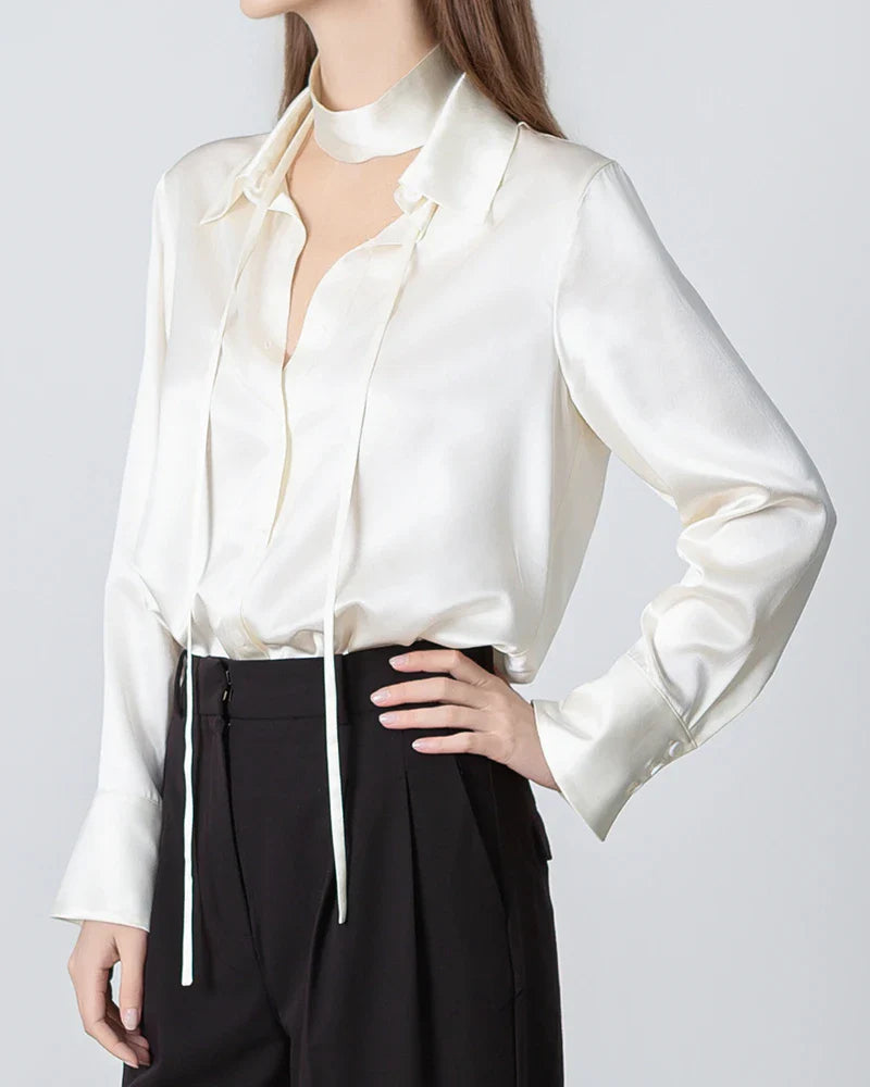 Blouse en Soie à Manches Longues et Col Nœud pour Femmes