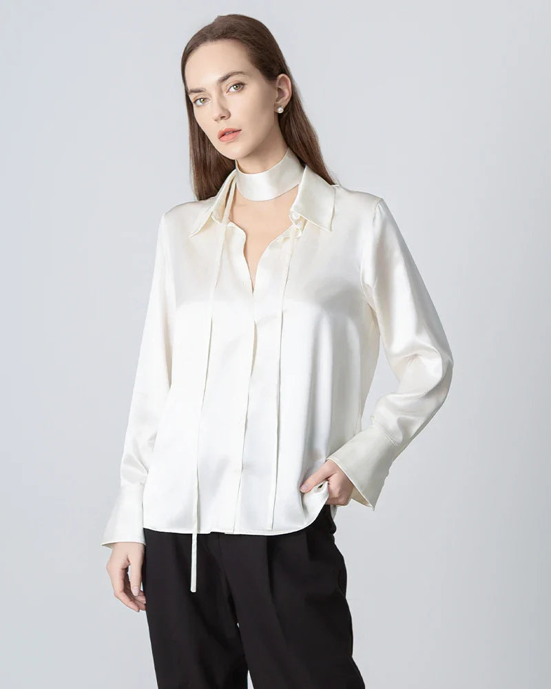 Blouse en Soie à Manches Longues et Col Nœud pour Femmes