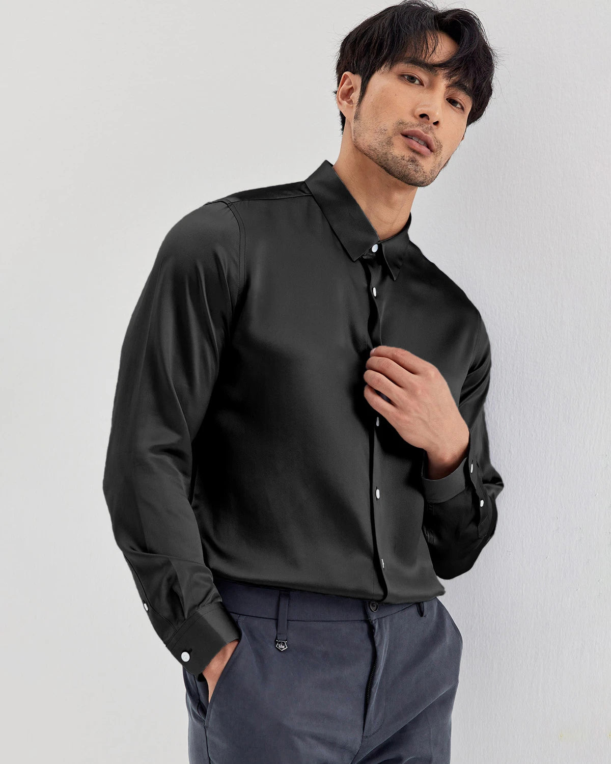 Chemise en soie lavable à manches longues pour homme