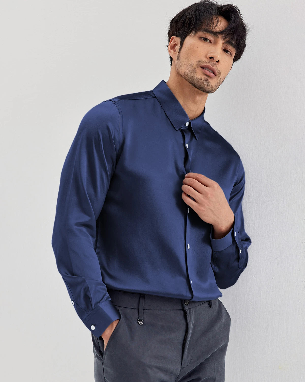 Chemise en soie lavable à manches longues pour homme