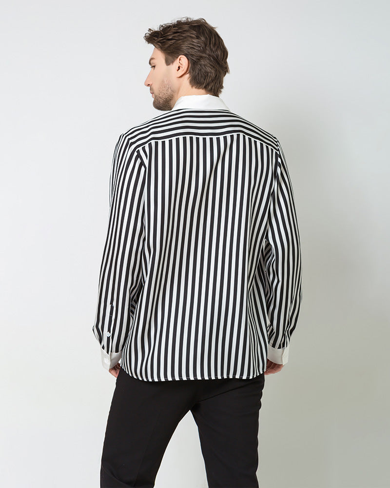 Chemise en Soie pour Hommes à Rayures avec Col et Poignets Blancs