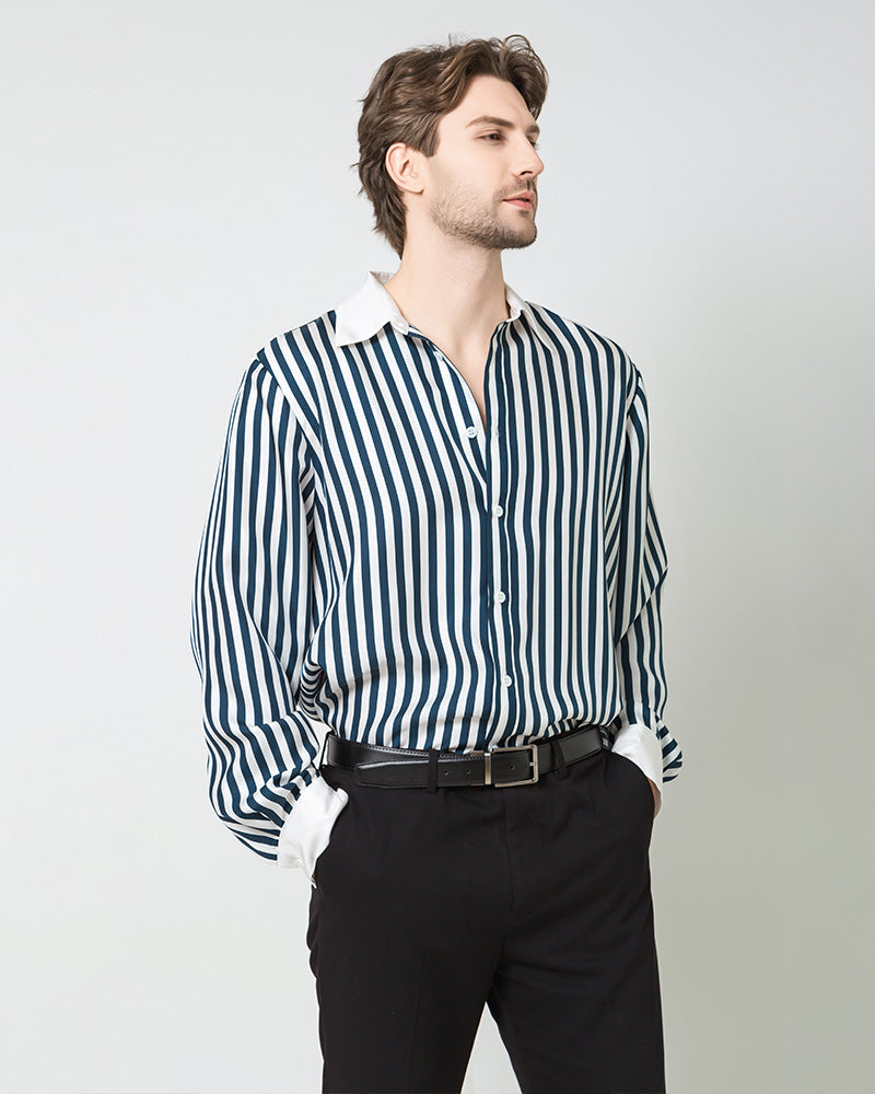 Chemise en Soie pour Hommes à Rayures avec Col et Poignets Blancs