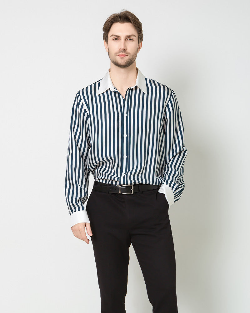 Chemise en Soie pour Hommes à Rayures avec Col et Poignets Blancs