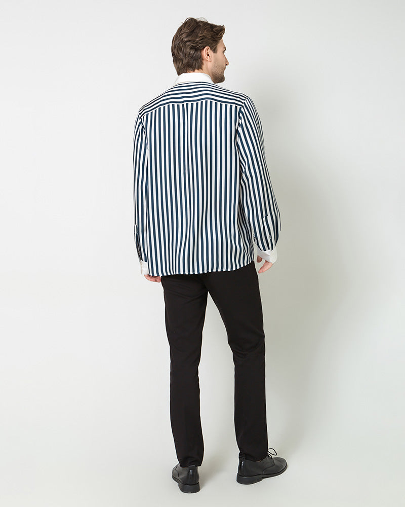 Chemise en Soie pour Hommes à Rayures avec Col et Poignets Blancs