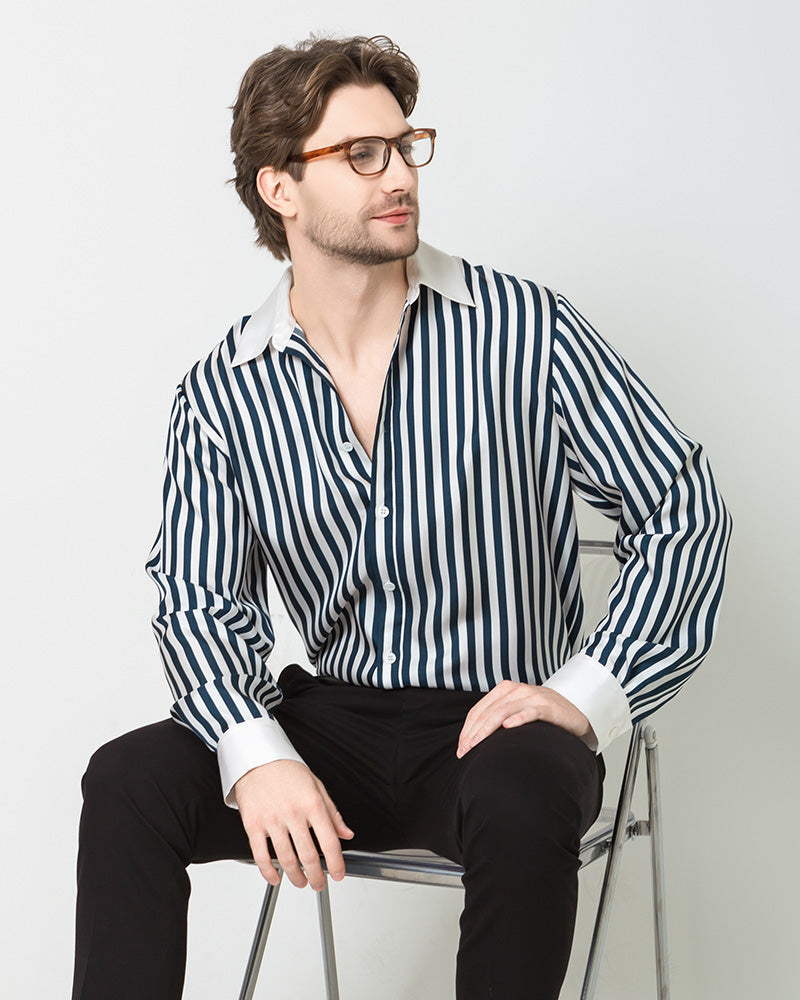 Chemise en Soie pour Hommes à Rayures avec Col et Poignets Blancs
