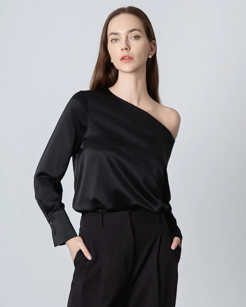Blouse en Soie à Épaule Dégagée et Manches Longues